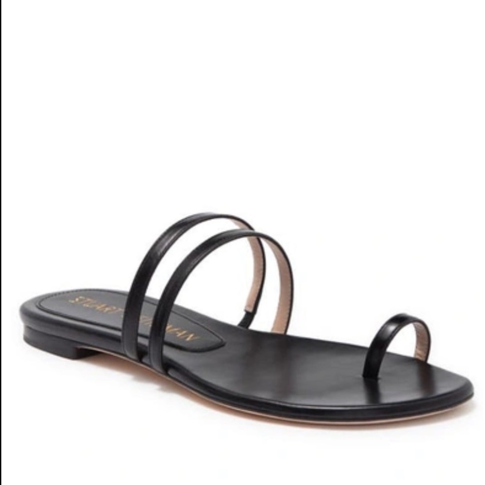 (6.5) Stuart Weitzman Leonita Black Smooth Calf Leather Slip-on Slide Sandals